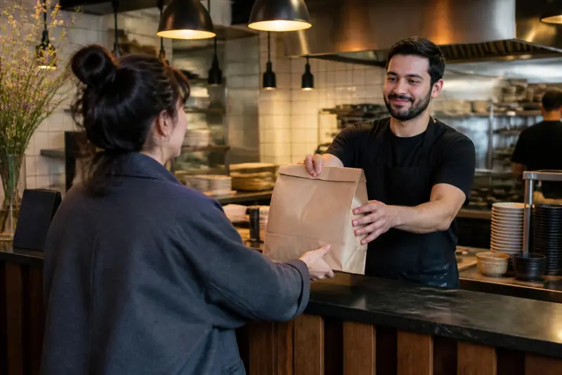 Eine Person nimmt eine verpackte Bestellung am Tresen eines Restaurants entgegen