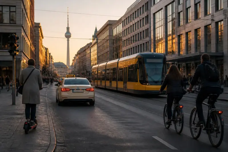 Straßenbahn, Taxi und Radfahrende in einer europäischen Stadt am Abend