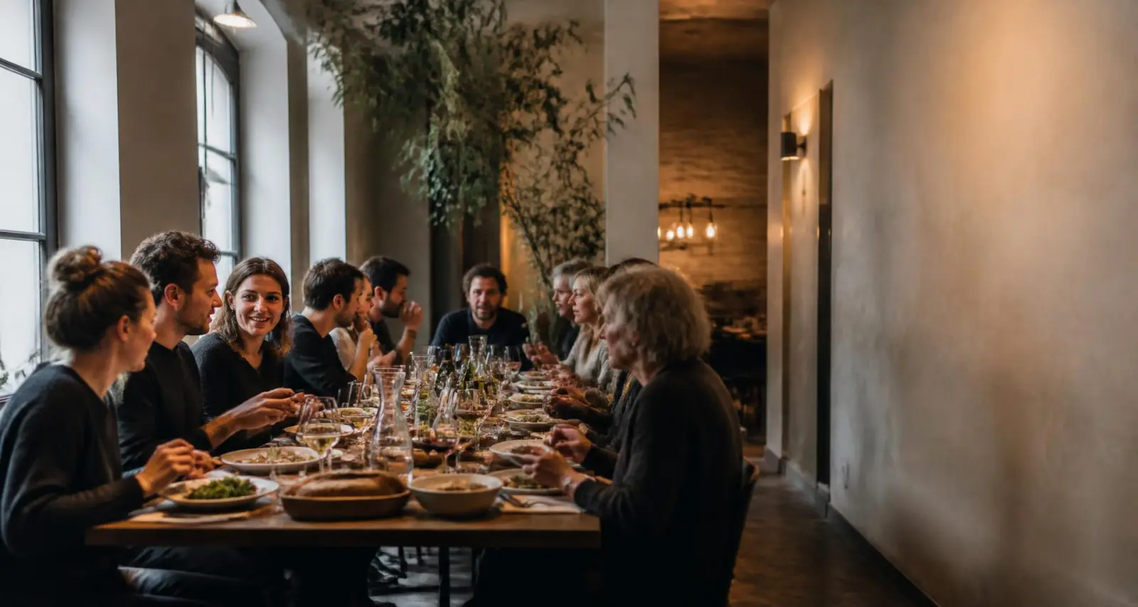 Lange Tafel mit Gästen beim gemeinsamen Essen in einem warmen Restaurant