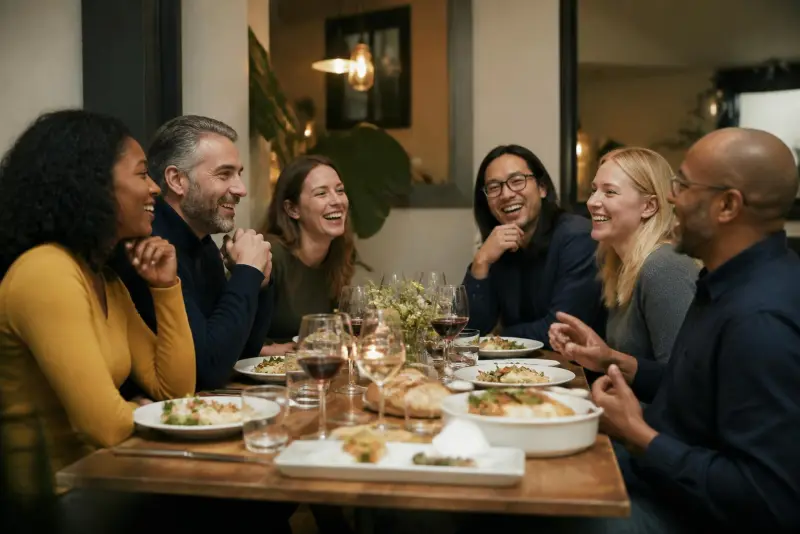 Eine vielfältige Gruppe lernt sich bei einem gemeinsamen Abendessen kennen