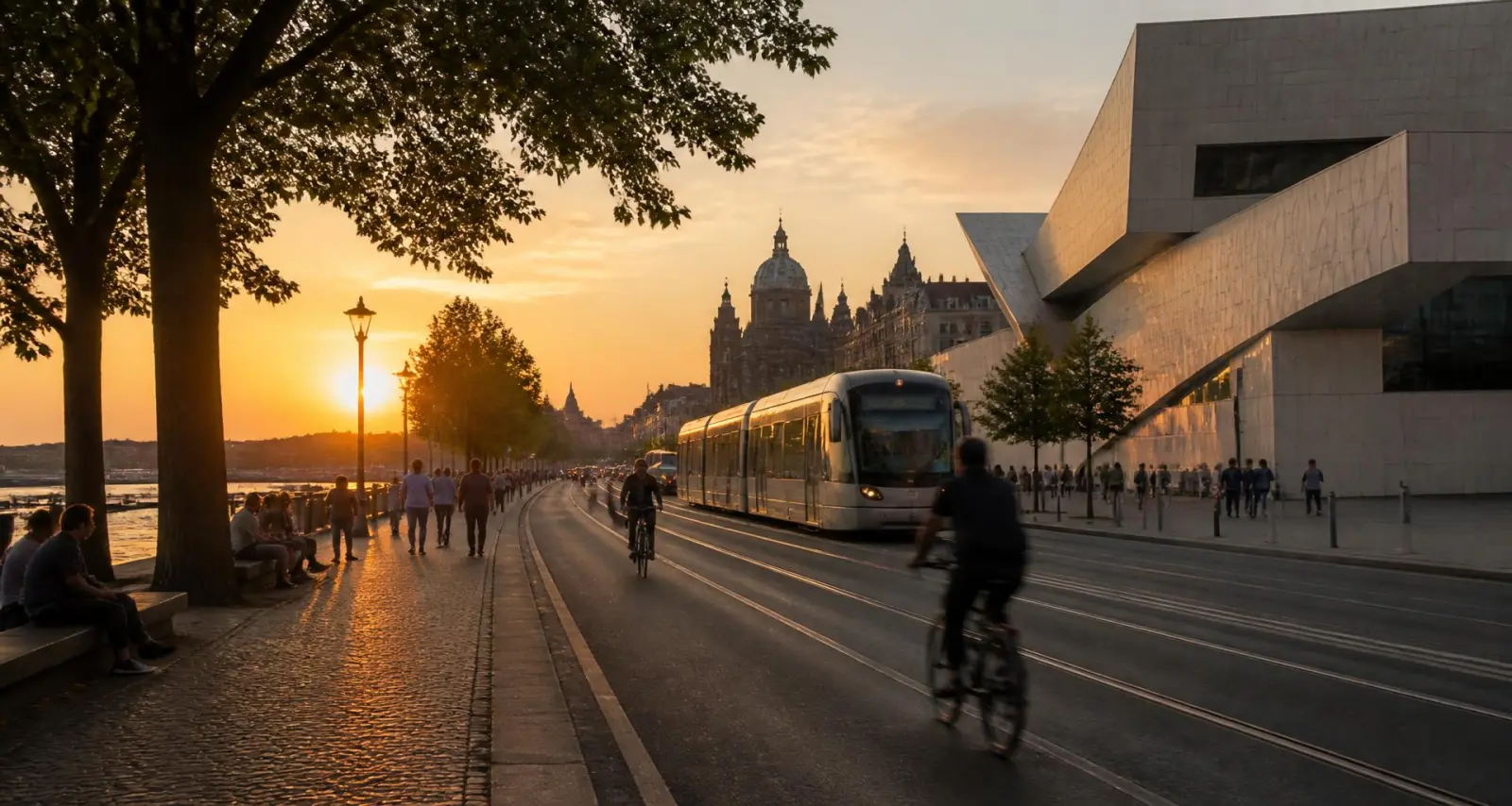 Europäische Stadt am Abend mit Straßenbahn, Radfahrenden und Passanten