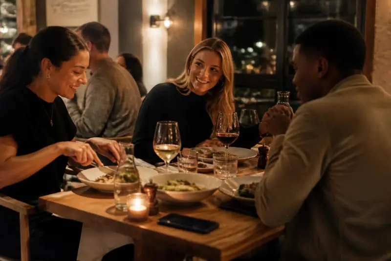 Freundinnen und Freunde an einem warm beleuchteten Restauranttisch am Abend